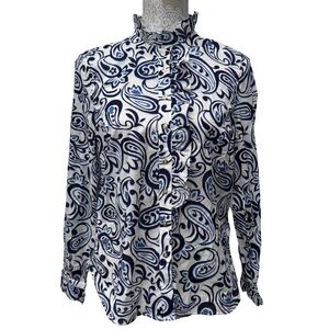 Talbots // blue, white floral print ruffle neckline button down shirt size XS